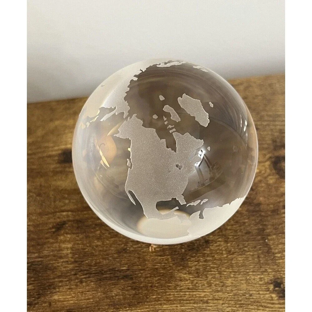 Vtg Clear WORLD MAP GLOBE Etched Glass Large Marble Paperweight Office Decor